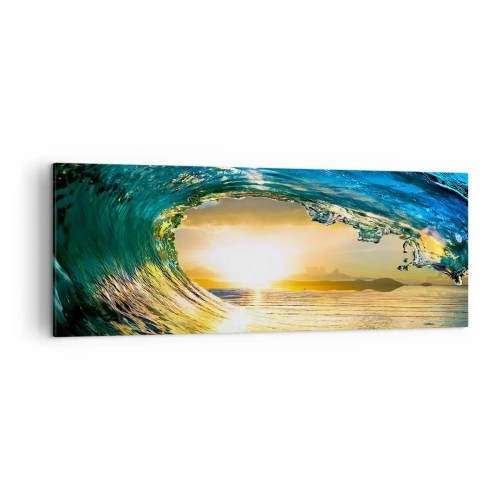 Impression sur toile - Image sur toile - Vague de l'océan au soleil avec vue sur l'horizon - 140x50cm - Dans un éclat émeraude-or - Décoration murale moderne pour le salon et la chambre ARTTOR