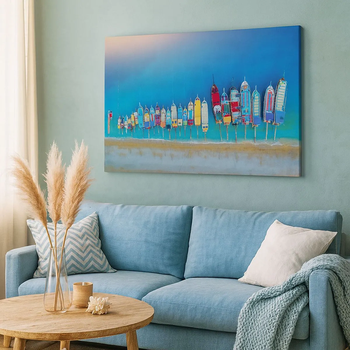 Impression sur toile - Image sur toile - Des bateaux colorés alignés en rangée sur le rivage - 70x50cm - Une vue à vol d'oiseau - Décoration murale moderne pour le salon et la chambre ARTTOR