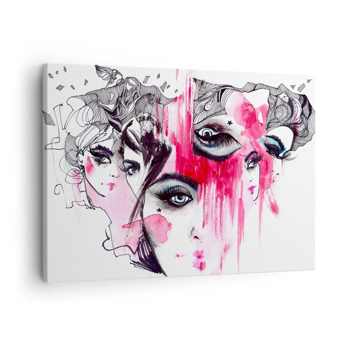 Impression sur toile - Image sur toile - Visage abstrait dans les tons de rose et de noir - 70x50cm - Yeux abstraits - Décoration murale moderne pour le salon et la chambre ARTTOR