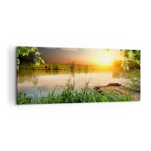 Impression sur toile - Image sur toile - Paysage verdoyant avec un lac au coucher du soleil - 120x50cm - Paysage dans un cadre verdoyant - Décoration murale moderne pour le salon et la chambre ARTTOR