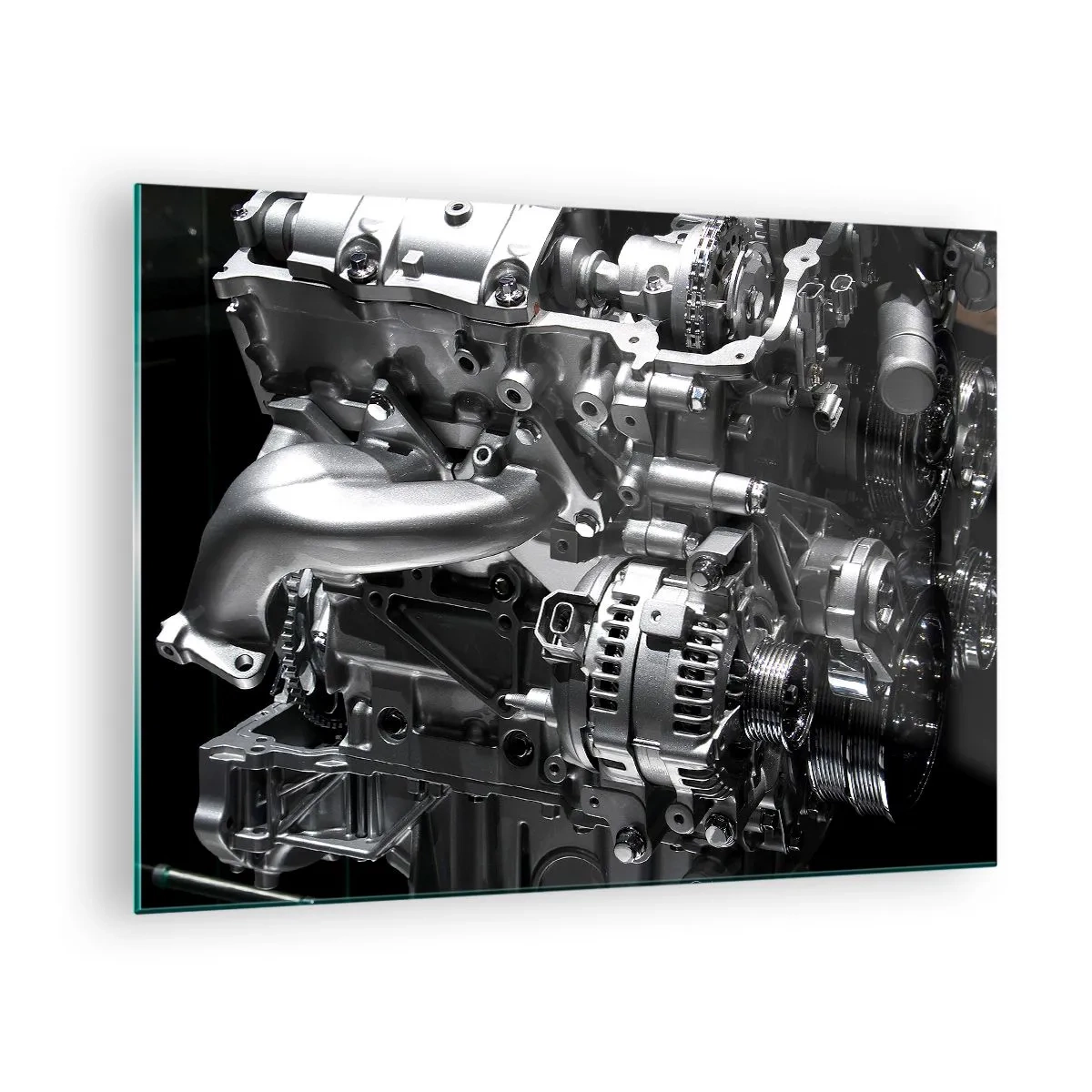 Impression sur verre - Image sur verre - Détails d'un moteur en métal sur fond noir - 70x50cm - Acier, beau, fort - Décoration murale moderne pour le salon et la chambre ARTTOR