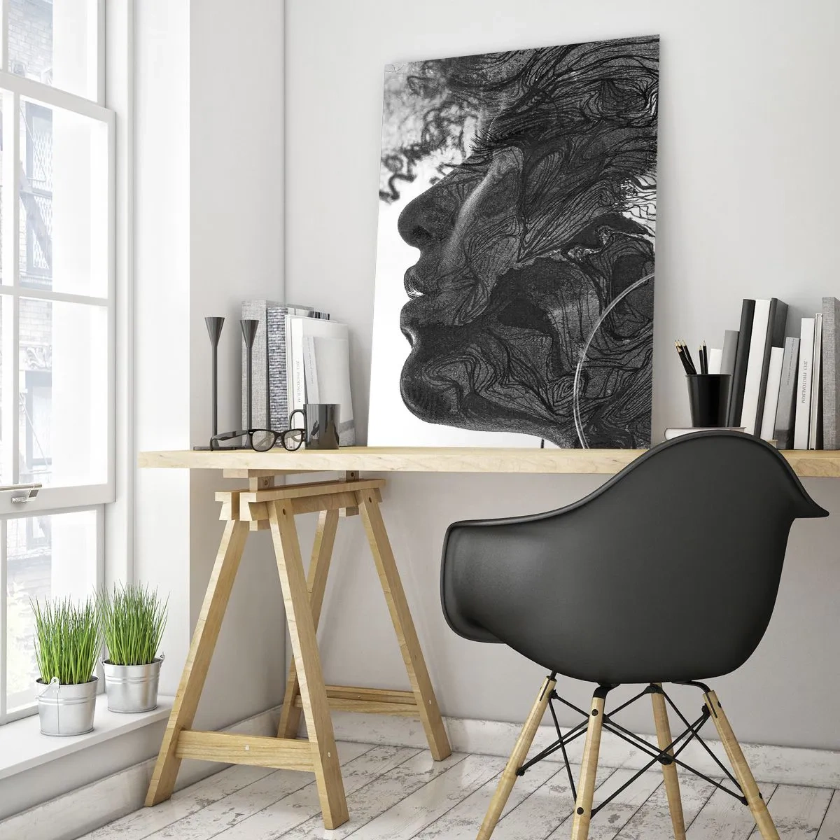 Impression sur verre - Image sur verre - Silhouette noire et blanche d'une femme avec des lignes abstraites - 50x70cm - Emmêlé dans les rêves - Décoration murale moderne pour le salon et la chambre ARTTOR