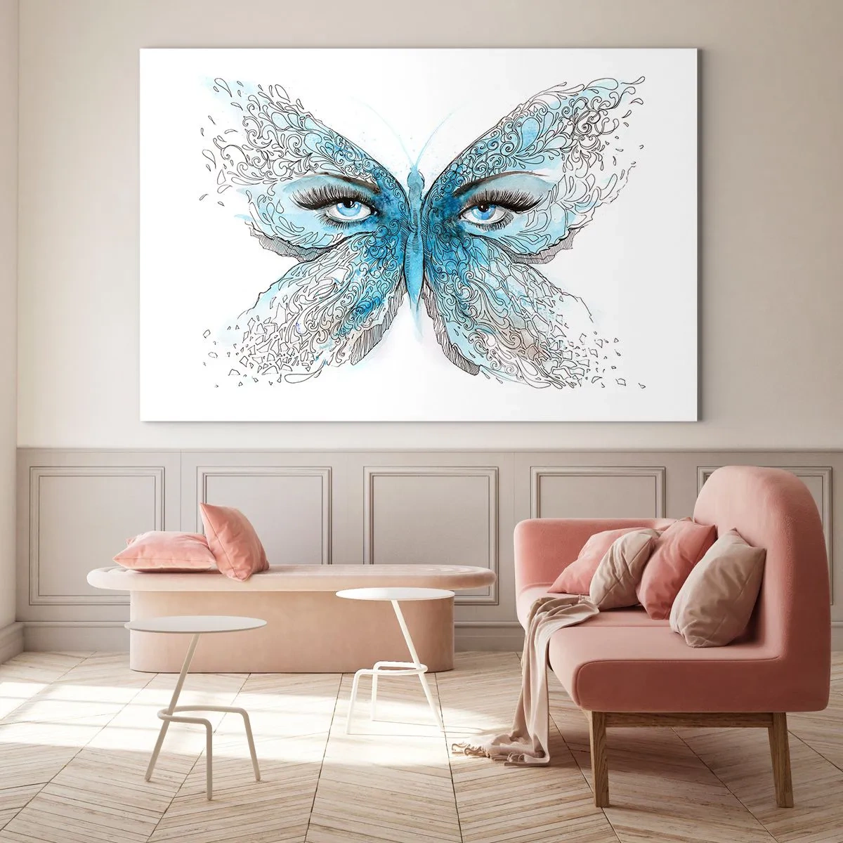Impression sur verre - Image sur verre - Un papillon aux ailes bleues et aux yeux humains dans un style artistique. - 100x70cm - Mésange bleue Eros - Décoration murale moderne pour le salon et la chambre ARTTOR