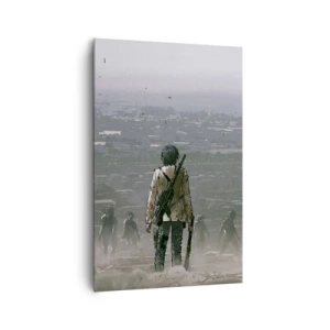 Impression sur toile - Image sur toile - Une silhouette avec une arme se tient devant un groupe dans un paysage dystopique. - 80x120cm - Dernier samaritain ? - Décoration murale moderne pour le salon et la chambre ARTTOR