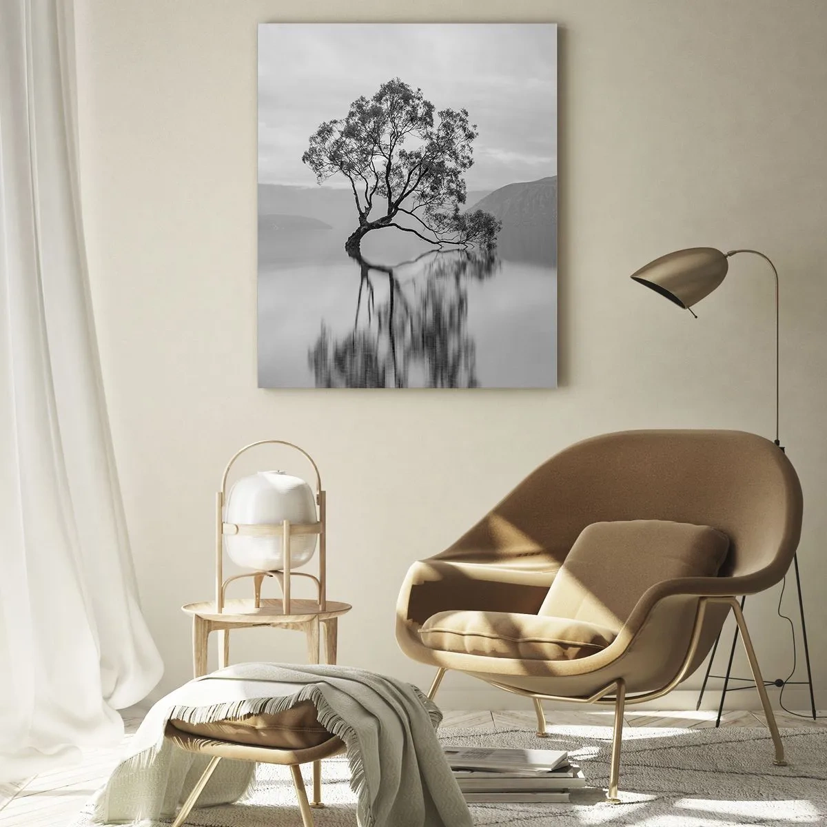 Impression sur verre - Image sur verre - Un arbre solitaire sur l'eau dans un paysage noir et blanc - 50x70cm - Un tel pays existe - Décoration murale moderne pour le salon et la chambre ARTTOR
