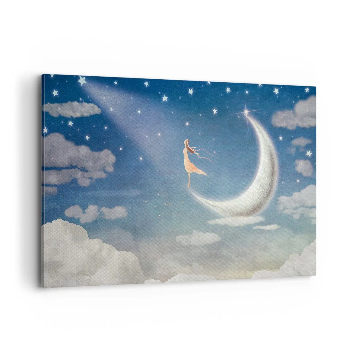 Impression sur toile - Image sur toile - Une femme dans la lune entourée d'étoiles et de nuages - 120x80cm - Valise bleue - Décoration murale moderne pour le salon et la chambre ARTTOR