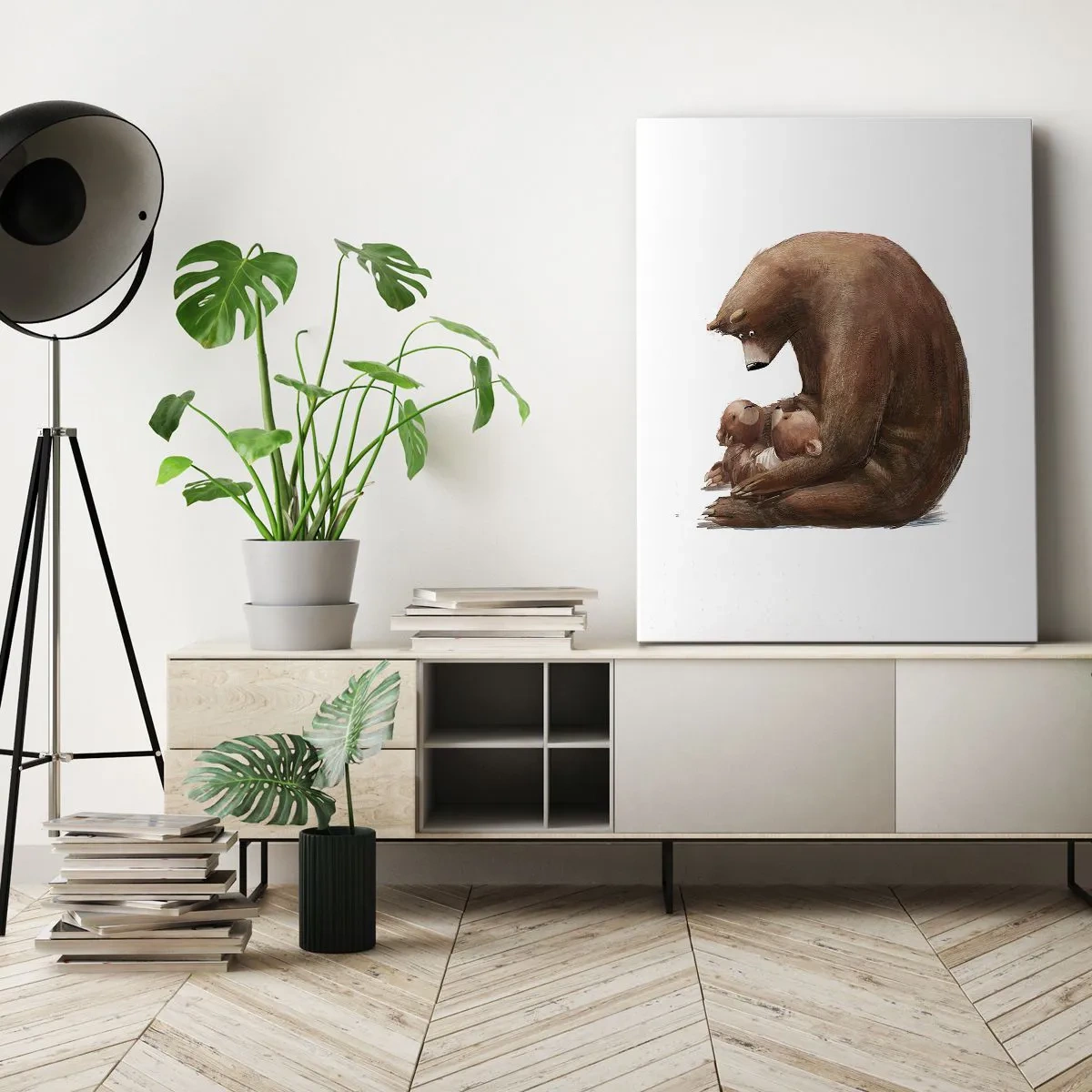 Impression sur toile - Image sur toile - Une mère ours avec deux petits ours dans ses bras - 50x70cm - Faites de beaux rêves les enfants - Décoration murale moderne pour le salon et la chambre ARTTOR