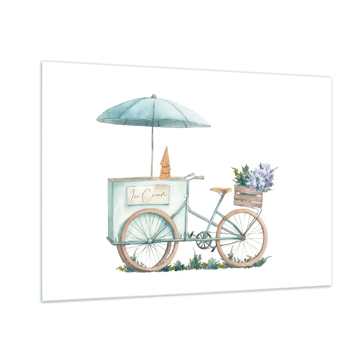 Impression sur verre - Image sur verre - Un vélo avec de la glace et des fleurs pastel - 100x70cm - Doux souvenir d'été - Décoration murale moderne pour le salon et la chambre ARTTOR