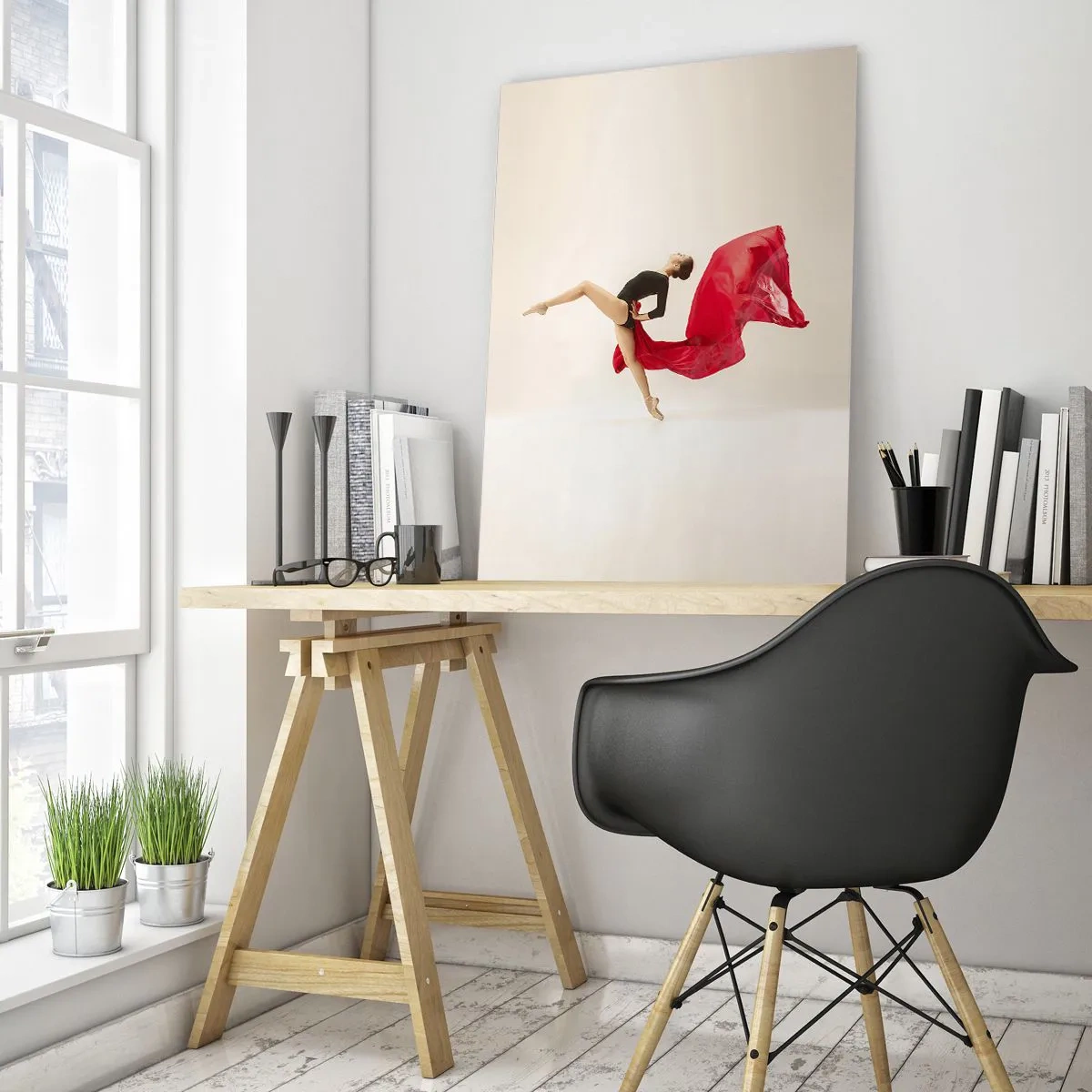 Impression sur verre - Image sur verre - Une danseuse dans un saut dynamique avec du tissu rouge - 50x70cm - Rouge et noir - Décoration murale moderne pour le salon et la chambre ARTTOR