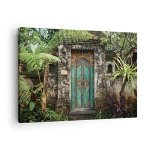 Impression sur toile - Image sur toile - Portes décoratives entourées de végétation tropicale - 70x50cm - Porte vers un monde exotique - Décoration murale moderne pour le salon et la chambre ARTTOR