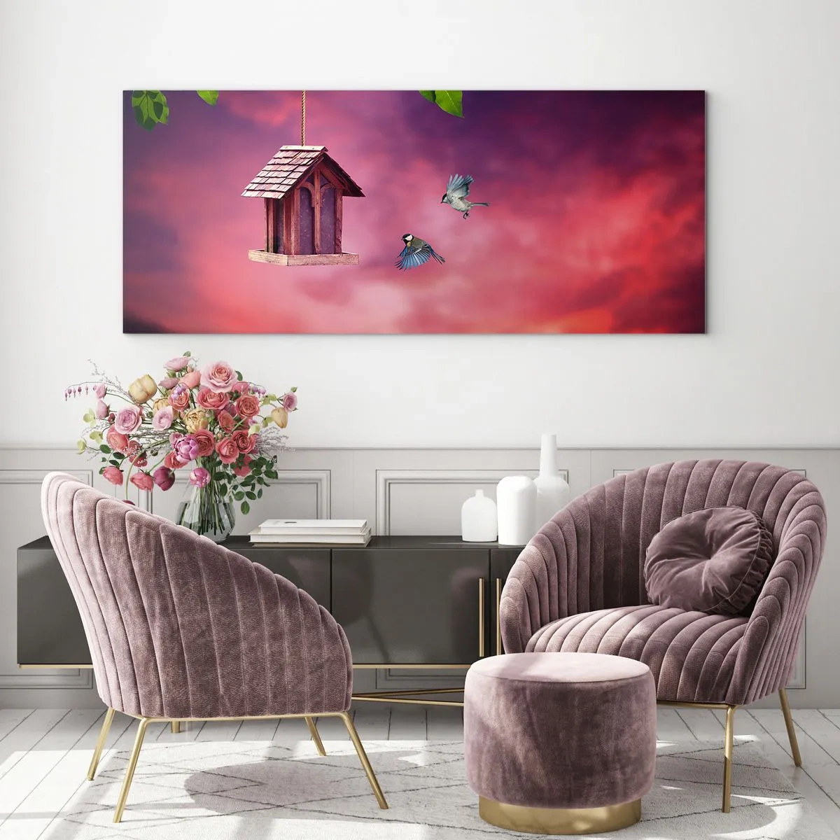 Impression sur verre - Image sur verre - Un paysage pittoresque avec un nichoir et un coucher de soleil - 140x50cm - Invitation à dîner - Décoration murale moderne pour le salon et la chambre ARTTOR