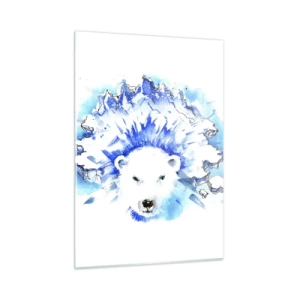 Impression sur verre - Image sur verre - Un ours polaire sur fond de montagnes glacées aux nuances de bleu. - 50x70cm - Le roi de l'Arctique dans une couronne de glace - Décoration murale moderne pour le salon et la chambre ARTTOR
