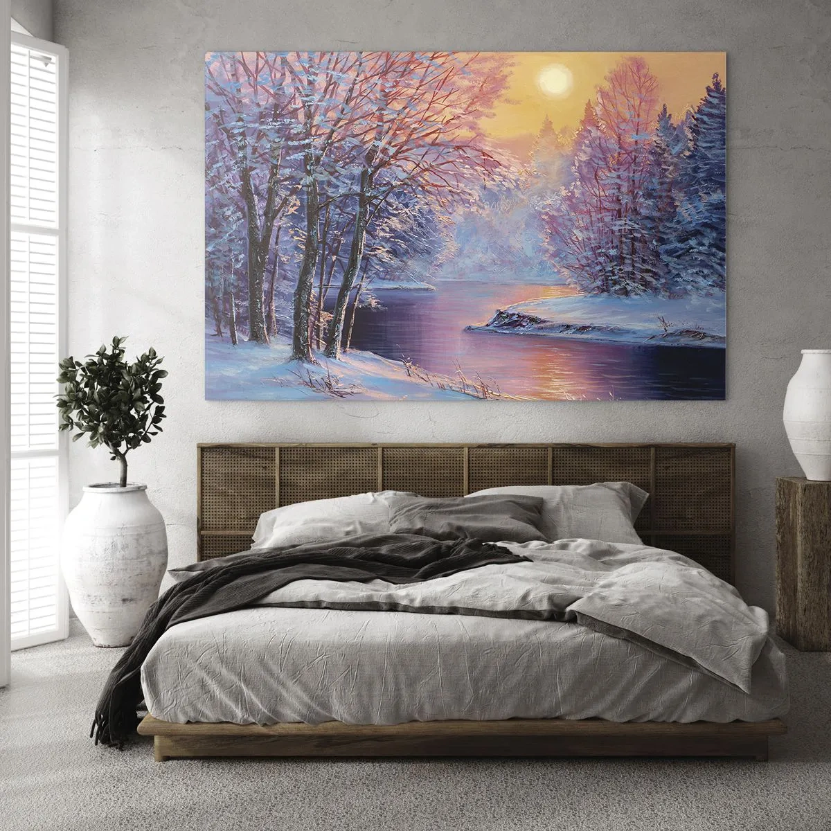Impression sur verre - Image sur verre - Paysage d'hiver avec une rivière et un coucher de soleil - 70x50cm - Couleurs d'hiver - Décoration murale moderne pour le salon et la chambre ARTTOR
