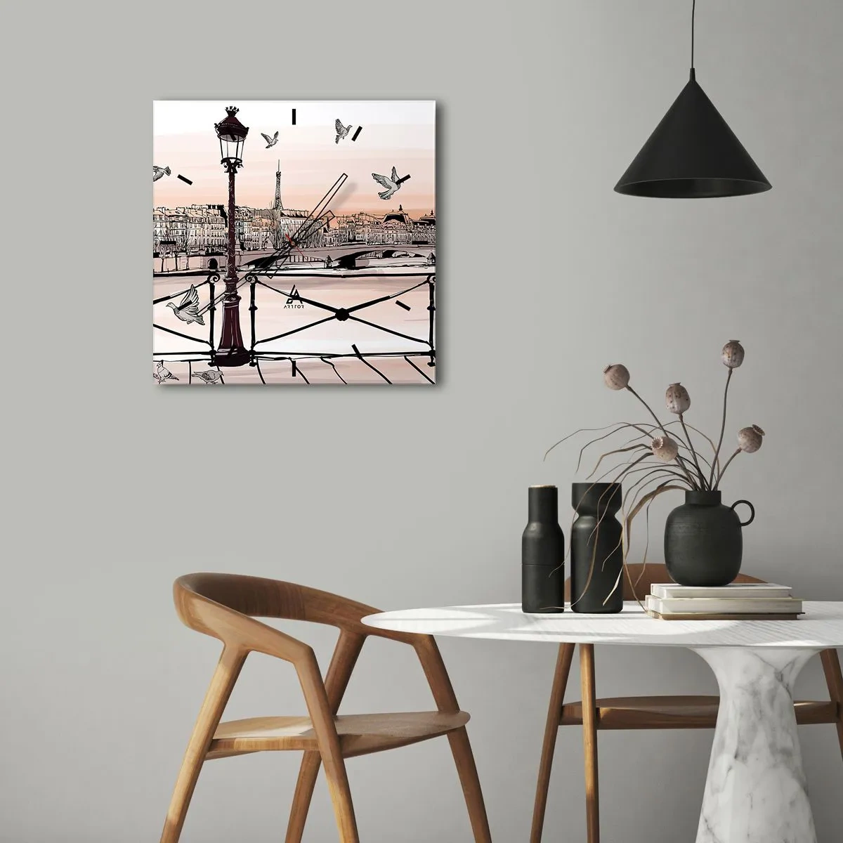 Horloge murale - Pendule murale - Vue parisienne avec une lanterne et un pont - 30x30cm - Sur les toits de Paris - Décoration murale moderne pour le salon et la chambre ARTTOR