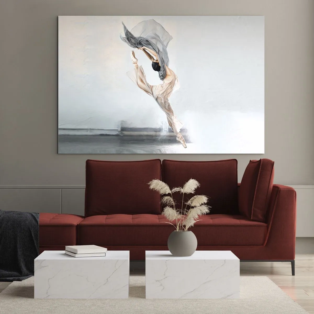 Impression sur verre - Image sur verre - Une ballerine exécute un saut dynamique dans une lumière douce. - 120x80cm - Dans le ravissement de la danse - Décoration murale moderne pour le salon et la chambre ARTTOR