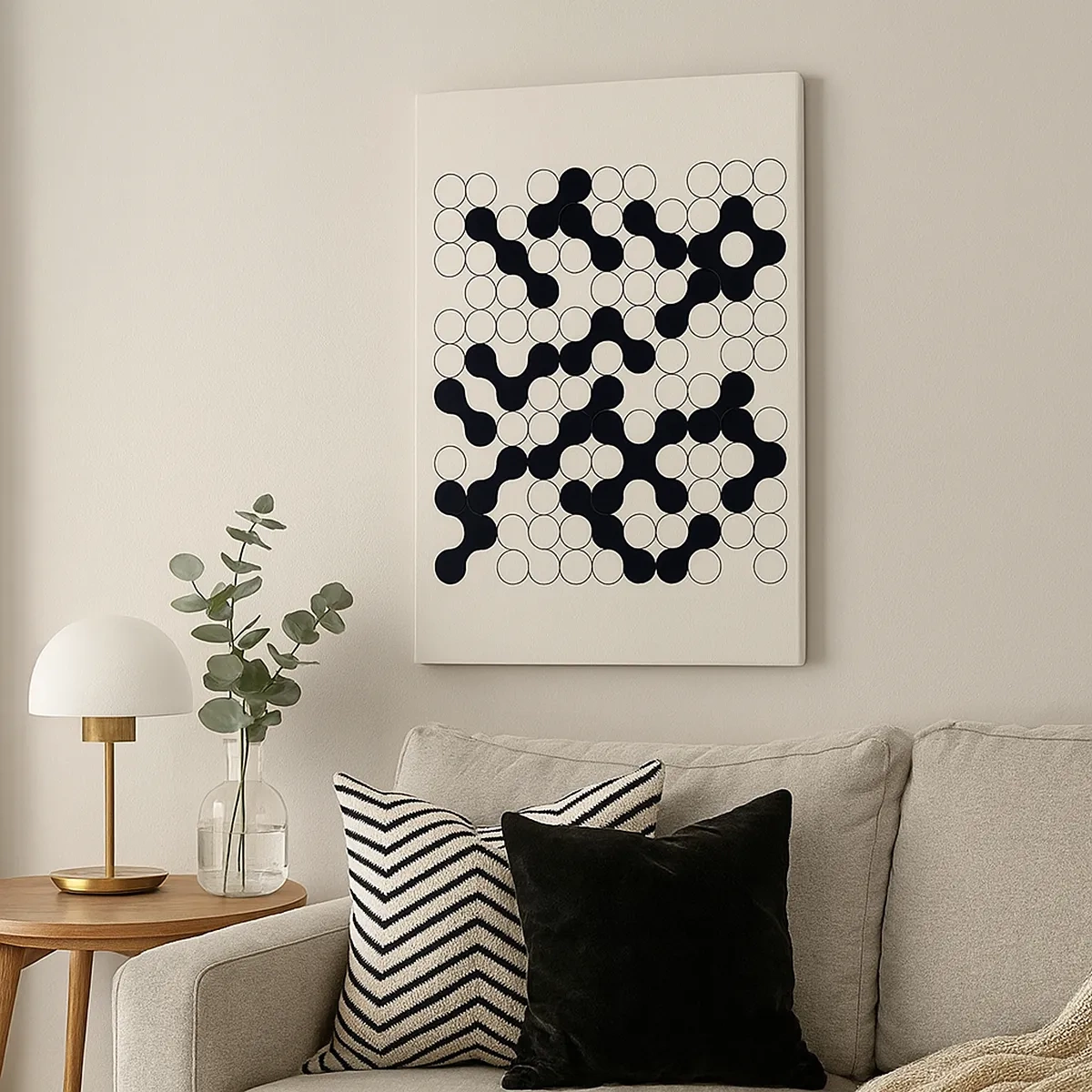 Impression sur toile - Image sur toile - Motifs noirs et blancs avec des cercles sur fond clair - 50x70cm - Jeu chinois – variation - Décoration murale moderne pour le salon et la chambre ARTTOR