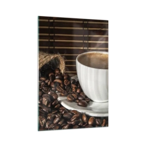 Impression sur verre - Image sur verre - Une tasse de café avec des grains sur un fond de bambou - 70x100cm - La noirceur du charbon, la clarté de l'ambre - Décoration murale moderne pour le salon et la chambre ARTTOR