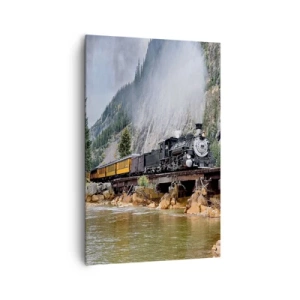 Impression sur toile - Image sur toile - Une locomotive à vapeur sur un pont dans un paysage de montagne pittoresque - 80x120cm - Et lui jusqu'où? Jusqu'où? - Décoration murale moderne pour le salon et la chambre ARTTOR