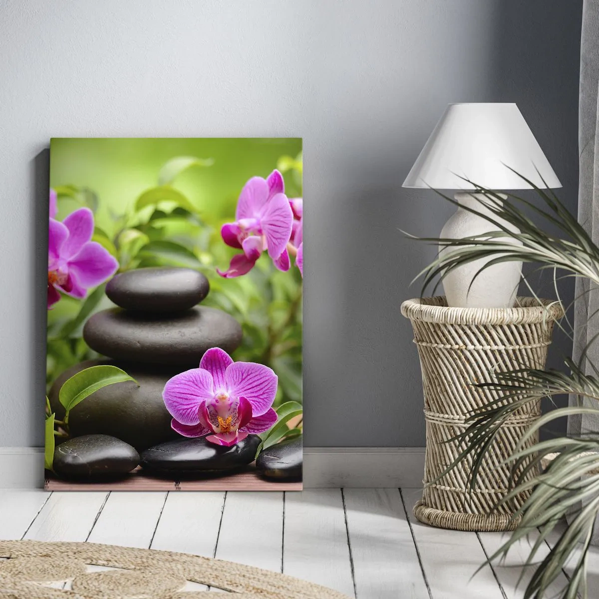 Impression sur toile - Image sur toile - Orchidées roses avec des pierres sur fond vert - 80x120cm - Pyramide de la Paix - Décoration murale moderne pour le salon et la chambre ARTTOR