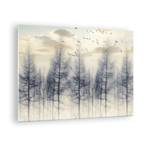 Impression sur verre - Image sur verre - Une forêt brumeuse avec des oiseaux, illuminée par le soleil levant - 70x50cm - L'âme de la forêt - Décoration murale moderne pour le salon et la chambre ARTTOR
