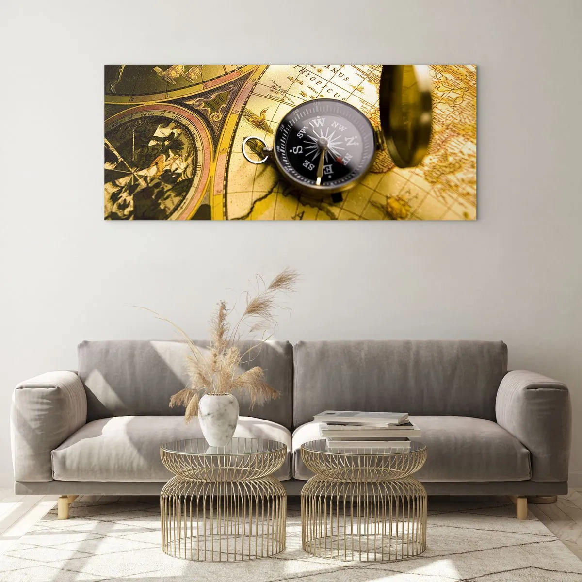 Impression sur verre - Image sur verre - Une boussole antique sur fond d'une vieille carte du monde - 160x50cm - Ou peut-être jusqu'au bout du monde ? - Décoration murale moderne pour le salon et la chambre ARTTOR