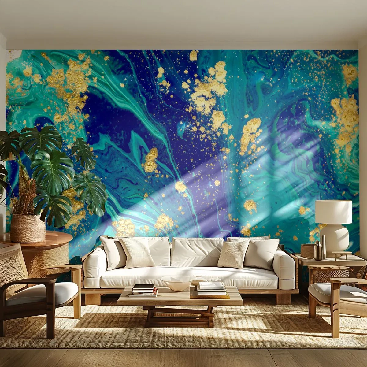 Papier Peint Photo Premium Sand - Abstraction dans les tons bleu marine avec des accents dorés - 100x70cm - Les pétales du soleil - Décoration murale moderne pour le salon et la chambre ARTTOR