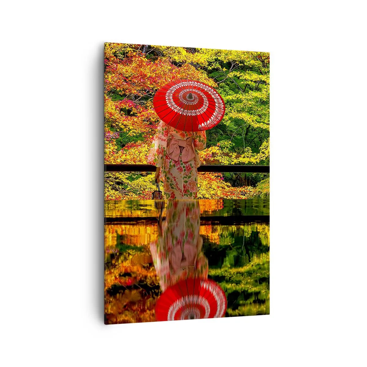 Impression sur toile - Image sur toile - Une femme en kimono avec un parapluie sur fond de paysage d'automne. - 80x120cm - Dans le temple de la nature - Décoration murale moderne pour le salon et la chambre ARTTOR