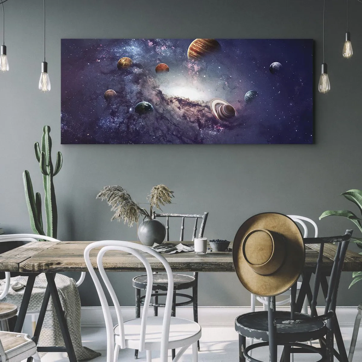 Impression sur toile - Image sur toile - Planètes dans une galaxie avec une nébuleuse en arrière-plan - 140x50cm - Système de danse solaire - Décoration murale moderne pour le salon et la chambre ARTTOR
