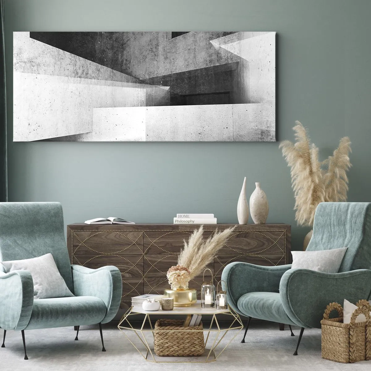 Impression sur toile - Image sur toile - Formes géométriques dans une composition monochrome - 120x50cm - Structure de l'espace - Décoration murale moderne pour le salon et la chambre ARTTOR