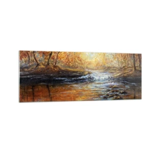 Impression sur verre - Image sur verre - Paysage d'automne avec une rivière parmi les arbres - 140x50cm - Le ruisseau d'or - Décoration murale moderne pour le salon et la chambre ARTTOR