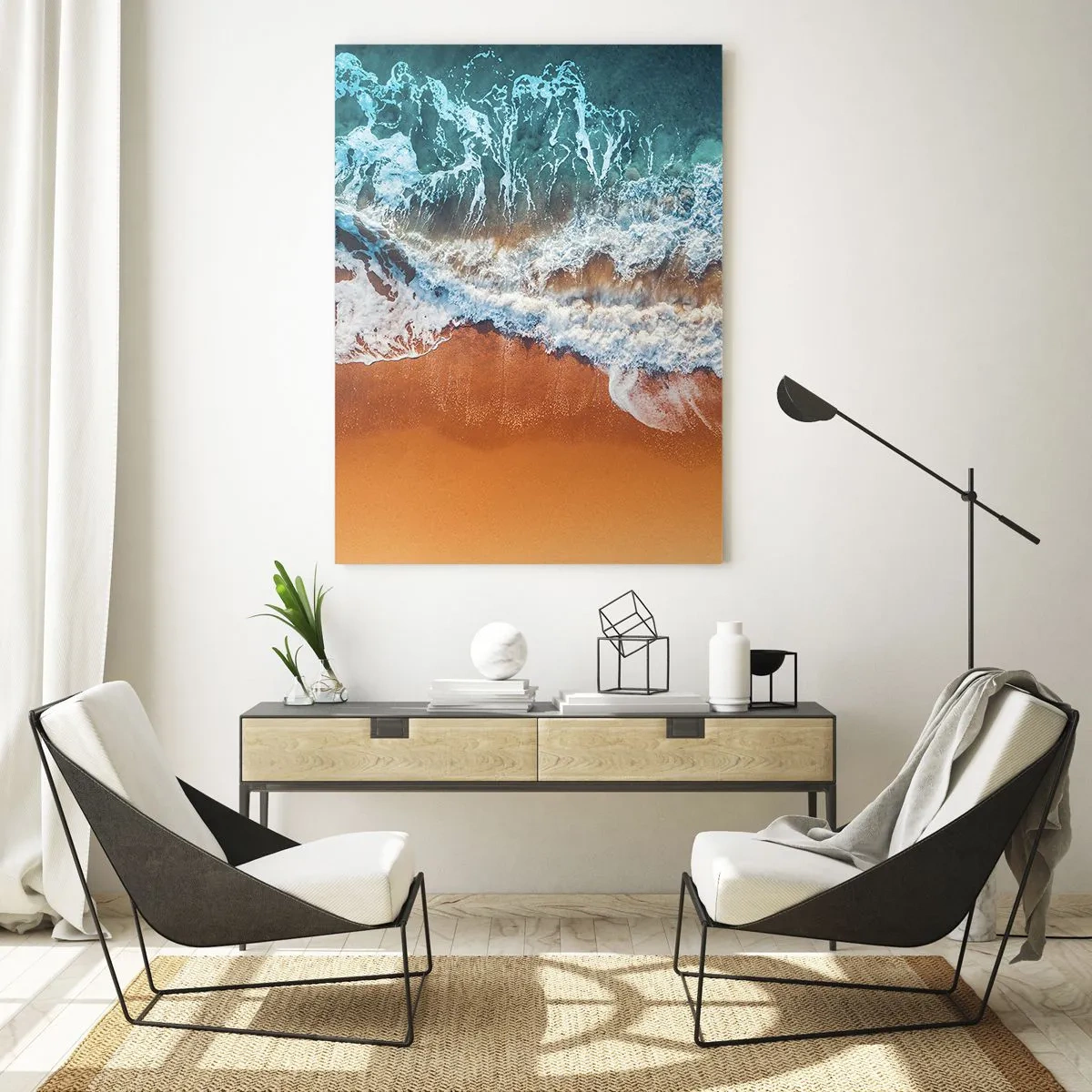 Impression sur verre - Image sur verre - Vue aérienne des vagues de l'océan s'écrasant sur le rivage - 50x70cm - Toujours ensemble - Décoration murale moderne pour le salon et la chambre ARTTOR