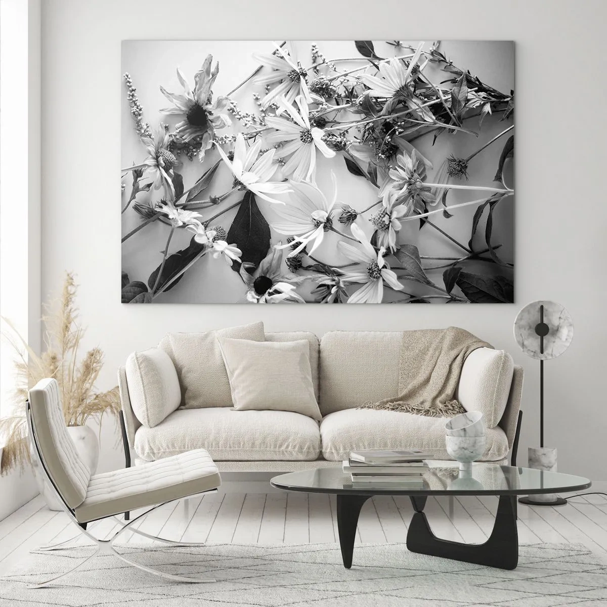 Impression sur verre - Image sur verre - Fleurs noires et blanches dispersées dans un arrangement artistique - 100x70cm - Non-un bouquet de fleurs - Décoration murale moderne pour le salon et la chambre ARTTOR