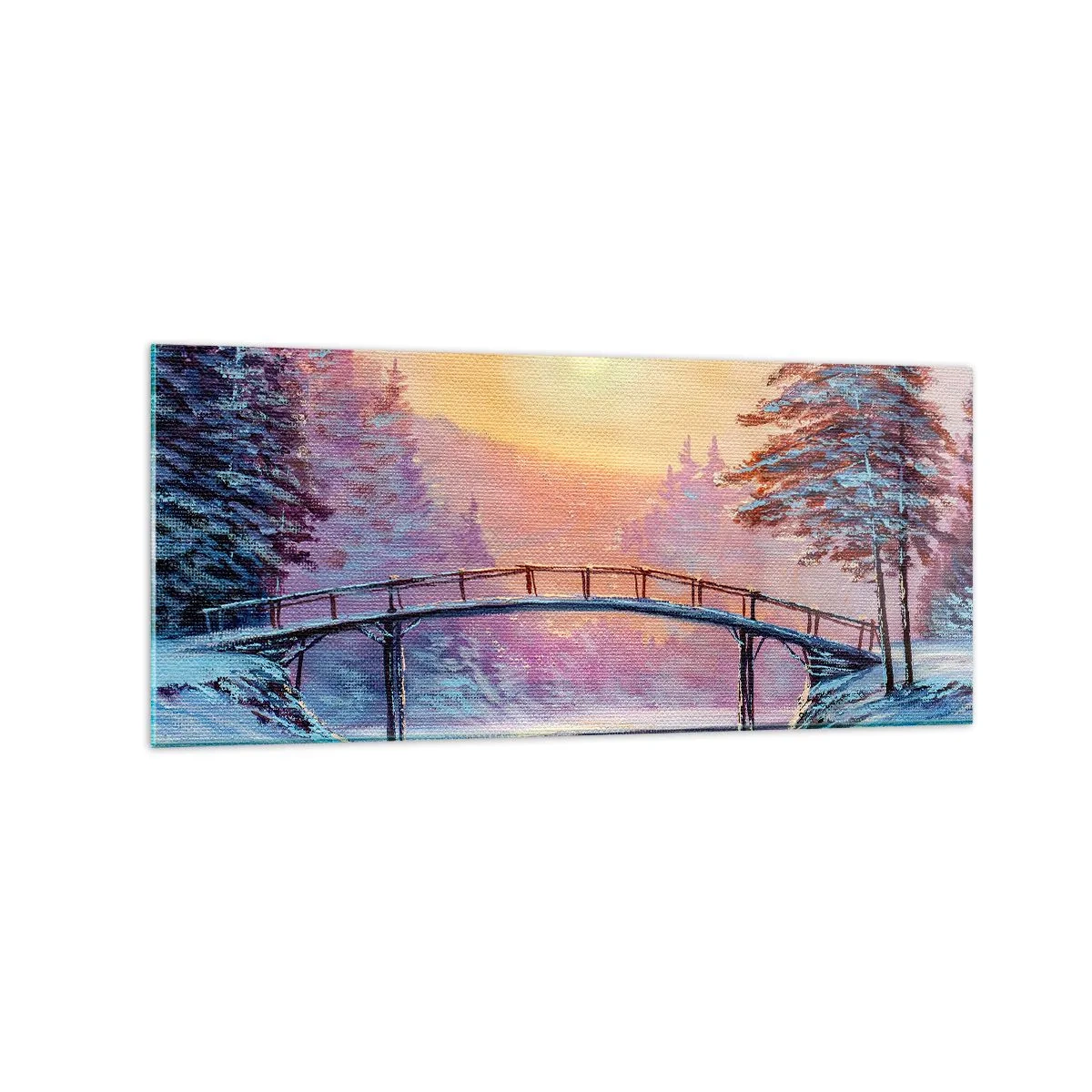 Impression sur verre - Image sur verre - Paysage d'hiver avec un pont illuminé par le coucher du soleil - 120x50cm - Quatre saisons - hiver - Décoration murale moderne pour le salon et la chambre ARTTOR