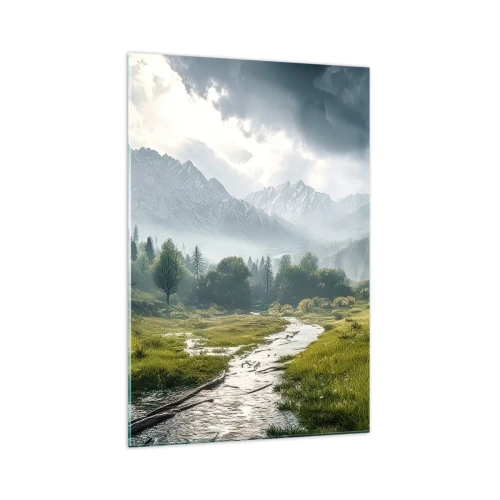 Impression sur verre - Image sur verre - Un paysage de montagne avec une rivière et des arbres entourés de montagnes brumeuses - 70x100cm - Aller et retour - Décoration murale moderne pour le salon et la chambre ARTTOR