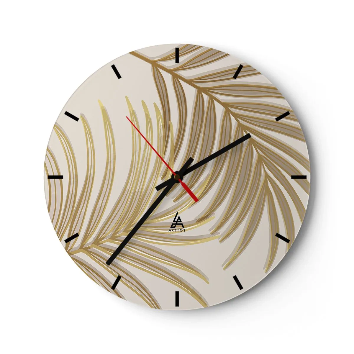 Horloge murale - Pendule murale - Feuilles de palmier dorées sur fond beige dans un arrangement élégant - 30x30cm - Palme d'or! - Décoration murale moderne pour le salon, la cuisine et la chambre ARTTOR