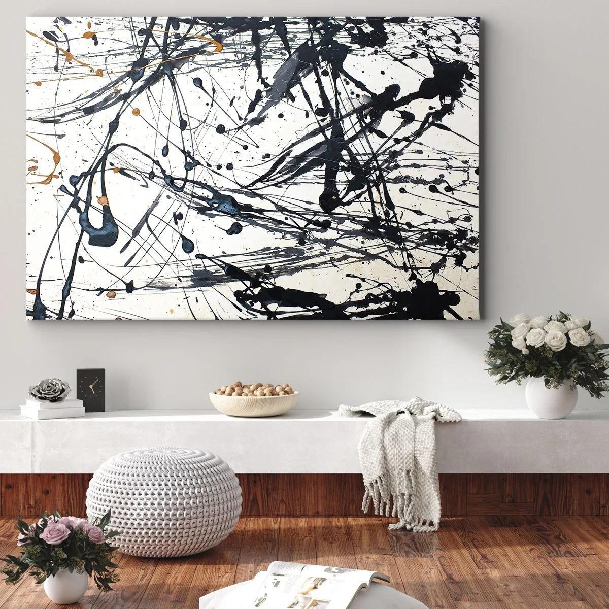 Impression sur toile - Image sur toile - Une peinture abstraite avec des éclaboussures de peinture dans des motifs dynamiques. - 120x80cm - Abstraction expressionniste - Décoration murale moderne pour le salon et la chambre ARTTOR