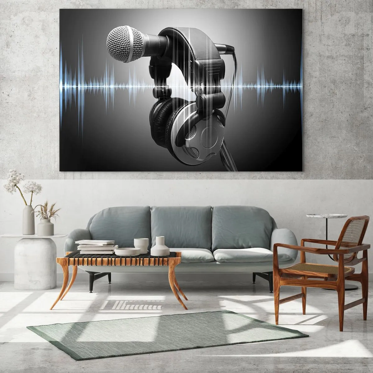 Impression sur verre - Image sur verre - Microphone avec casque sur fond d'ondes sonores - 70x50cm - Vous pouvez encore entendre son chant - Décoration murale moderne pour le salon et la chambre ARTTOR