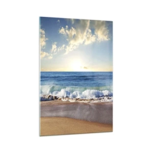 Impression sur verre - Image sur verre - Une plage ensoleillée avec des vagues s'écrasant sur le rivage - 70x100cm - Mouvement et immobilité à la fois - Décoration murale moderne pour le salon et la chambre ARTTOR