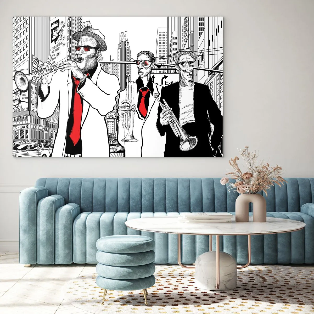 Impression sur verre - Image sur verre - Un groupe de jazz de rue au style graphique moderne. - 100x70cm - Rhapsodie urbaine en noir et rouge - Décoration murale moderne pour le salon et la chambre ARTTOR