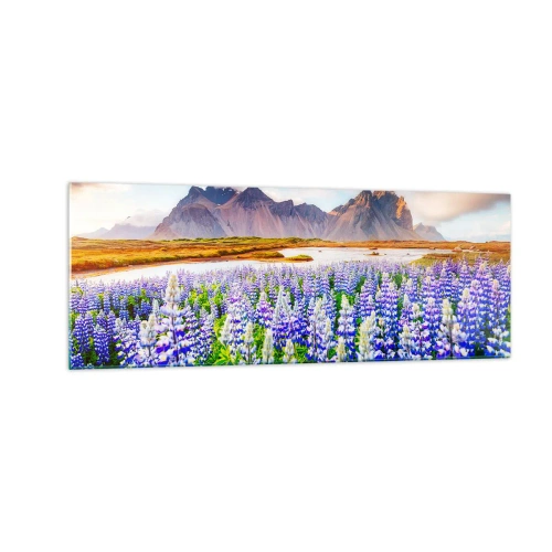 Impression sur verre - Image sur verre - Fleurs dans un paysage de montagne avec un ciel pittoresque - 140x50cm - La force et l'austérité côtoient la douceur - Décoration murale moderne pour le salon et la chambre ARTTOR