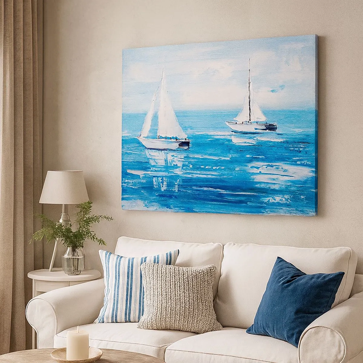 Impression sur toile - Image sur toile - Yachts sur la mer bleue dans un style artistique - 70x50cm - Avec un ami à mes côtés - Décoration murale moderne pour le salon et la chambre ARTTOR