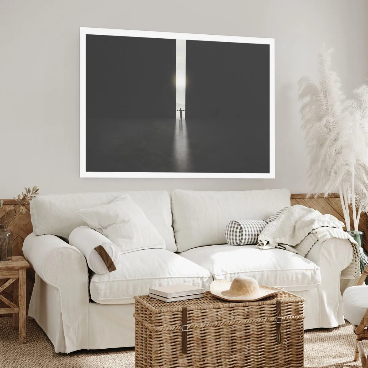 Affiche - Poster - Un homme debout dans la lumière d'une fente étroite dans un espace sombre - 100x70cm - Étape vers un avenir radieux - Décoration murale moderne pour le salon et la chambre ARTTOR