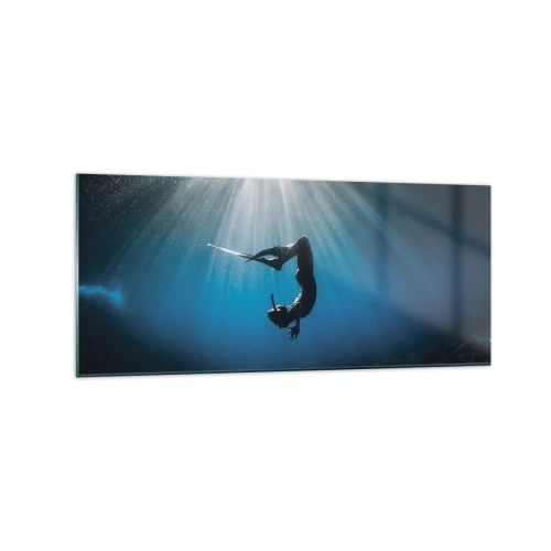 Impression sur verre - Image sur verre - Un plongeur flottant dans un faisceau de lumière sous l'eau - 120x50cm - Dans sous-marine - Décoration murale moderne pour le salon et la chambre ARTTOR