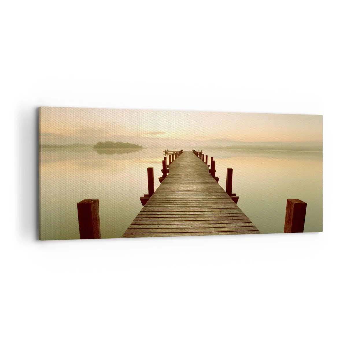 Impression sur toile - Image sur toile - Une jetée en bois sur un lac calme le matin - 120x50cm - L'aube, les premières lueurs, le jour  - Décoration murale moderne pour le salon et la chambre ARTTOR