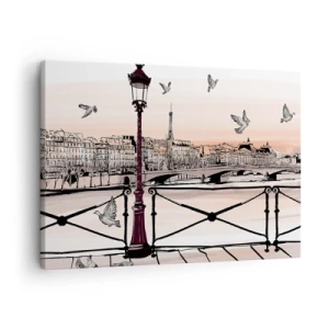 Impression sur toile - Image sur toile - Vue parisienne avec une lanterne et un pont - 70x50cm - Sur les toits de Paris - Décoration murale moderne pour le salon et la chambre ARTTOR