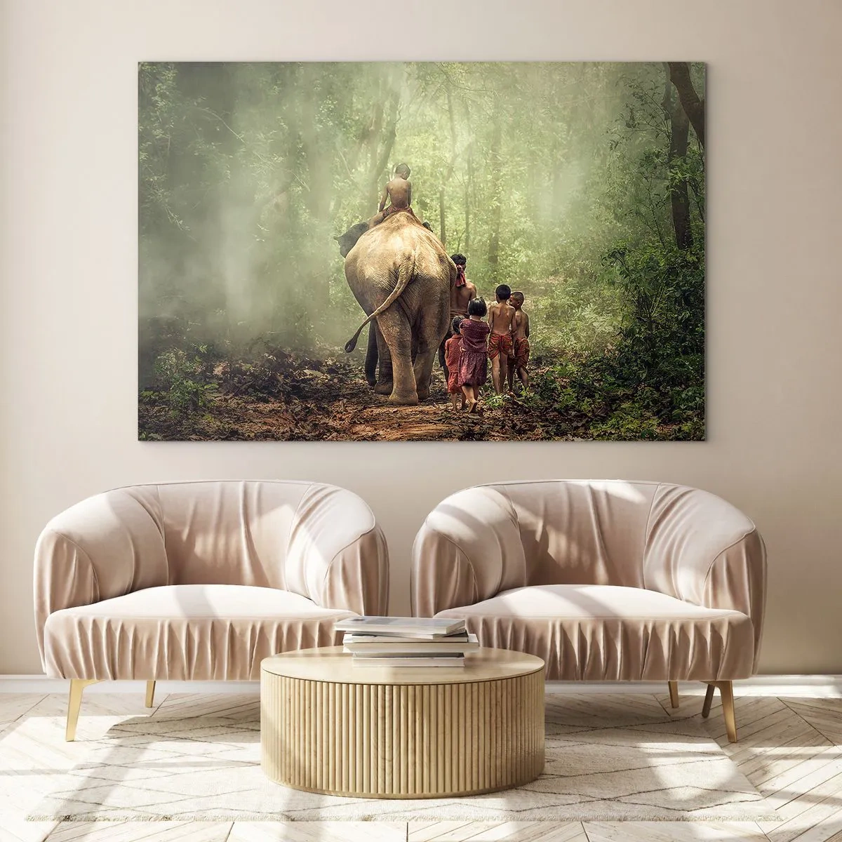 Impression sur verre - Image sur verre - Un éléphant dans la forêt avec des enfants en costumes traditionnels - 70x50cm - Nouveau livre de la jungle - Décoration murale moderne pour le salon et la chambre ARTTOR
