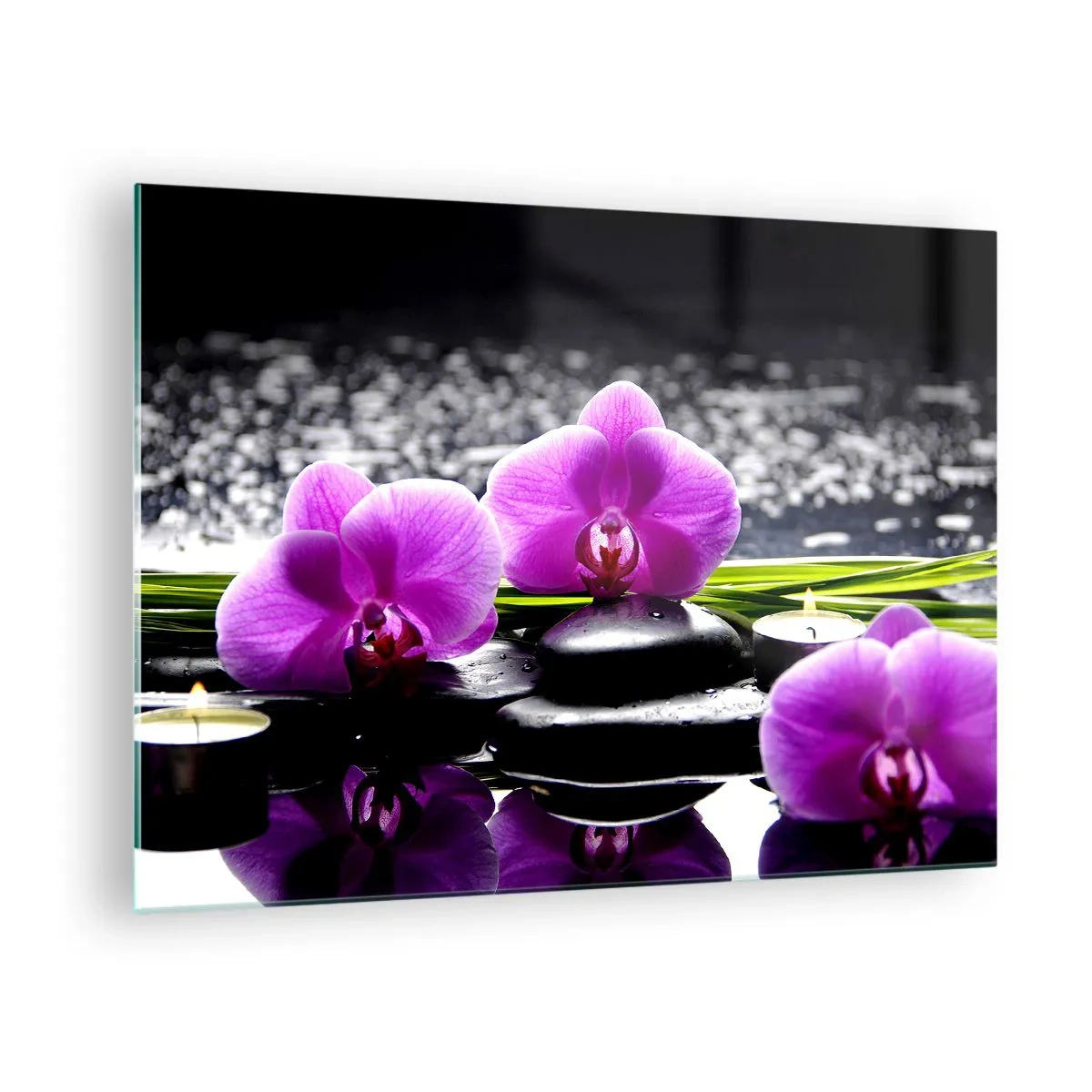 Impression sur verre - Image sur verre - Orchidées violettes avec des pierres et des bougies sur un fond d'eau - 70x50cm - Se noyer dans la paix et la tranquillité - Décoration murale moderne pour le salon et la chambre ARTTOR