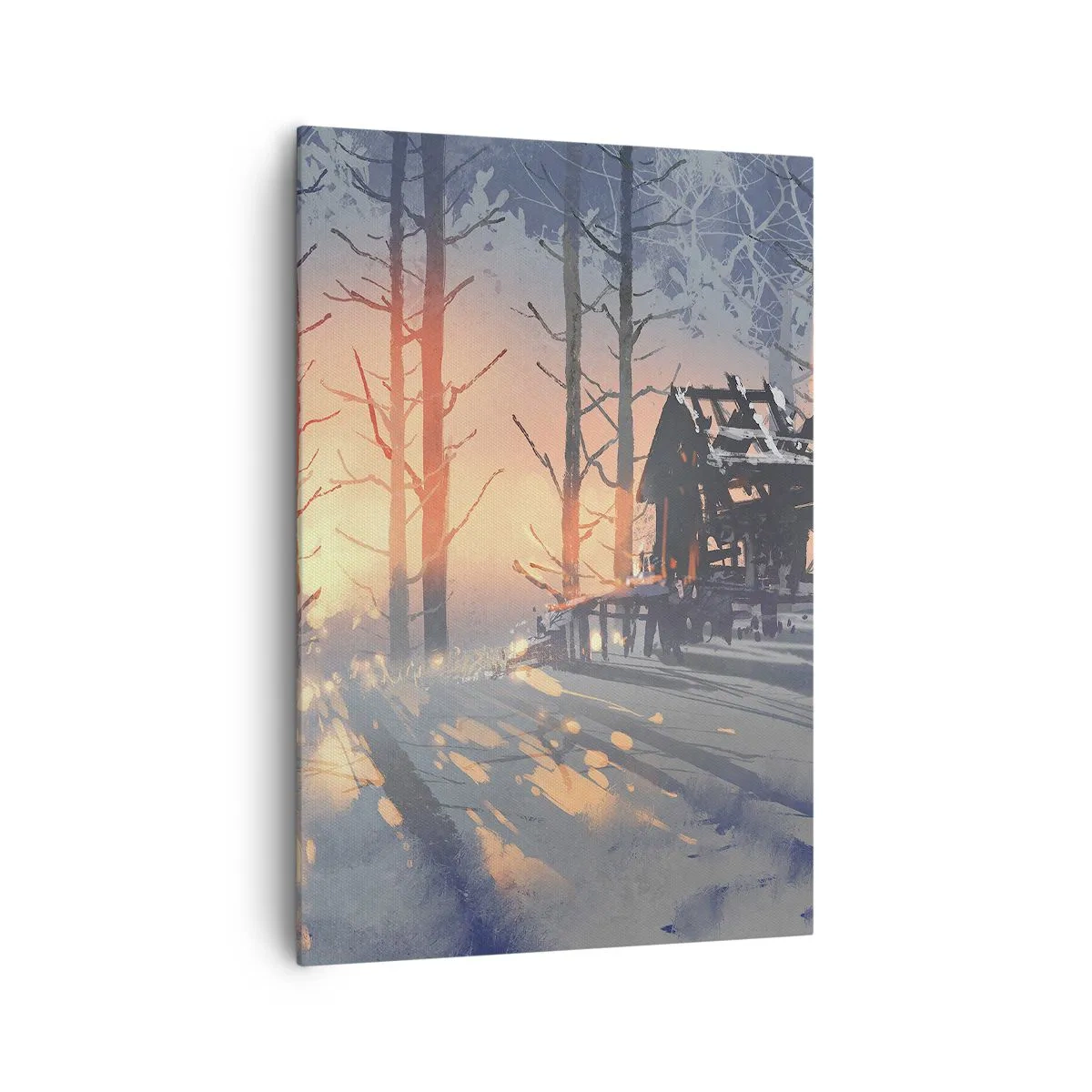 Impression sur toile - Image sur toile - Un chalet forestier dans un paysage hivernal avec les rayons du soleil couchant - 70x100cm - Seul le soleil regarde ici - Décoration murale moderne pour le salon et la chambre ARTTOR