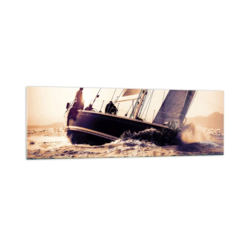 Impression sur verre - Image sur verre - Un yacht sur une mer agitée à la lumière du soleil couchant - 160x50cm - Navigue, marin - Décoration murale moderne pour le salon et la chambre ARTTOR