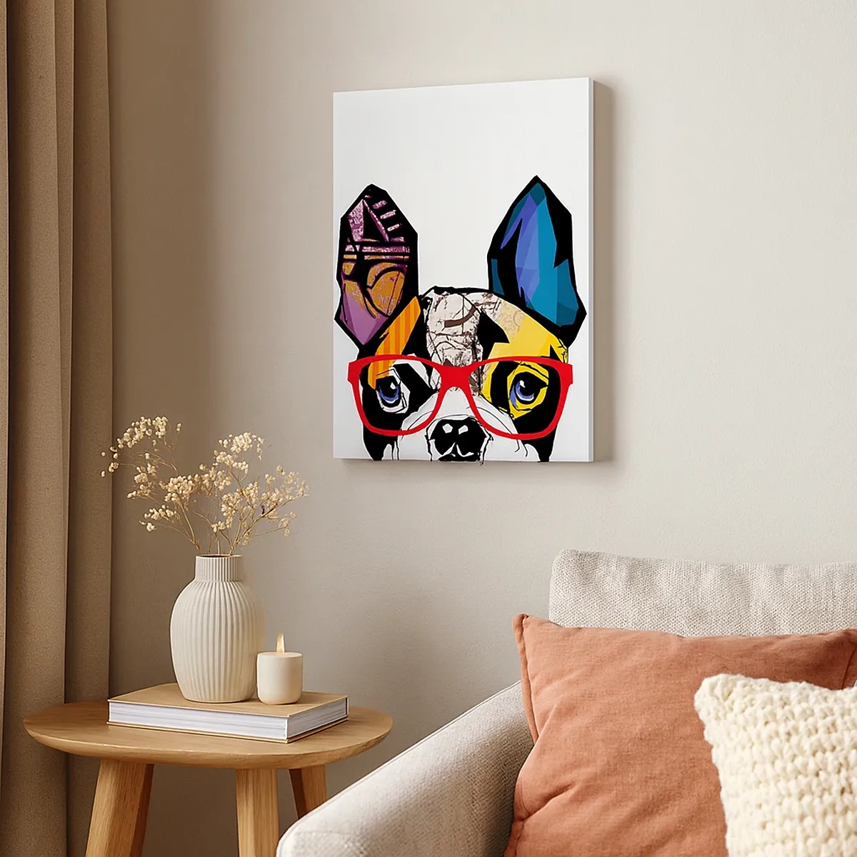 Impression sur toile - Image sur toile - Bouledogue dans une illustration colorée avec des lunettes rouges - 50x70cm - Intellectuel - Décoration murale moderne pour le salon et la chambre ARTTOR